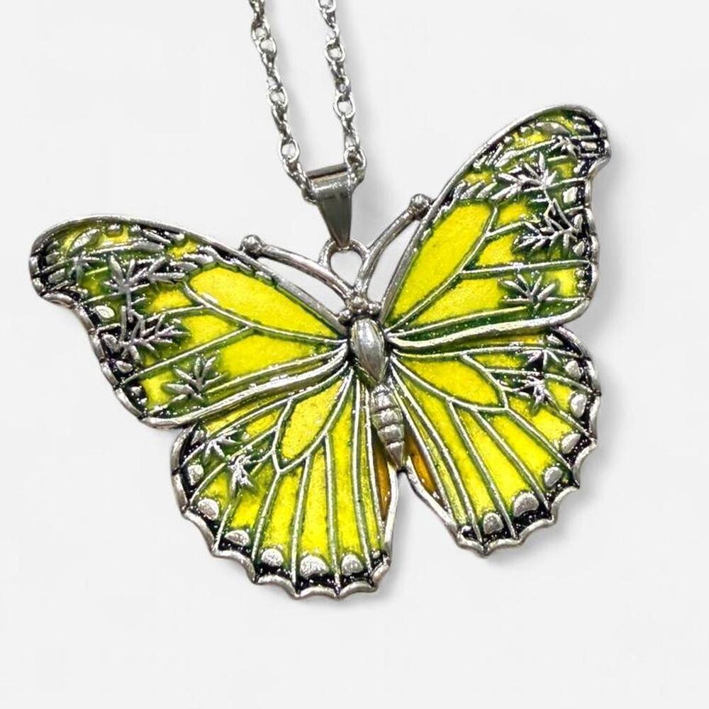 Neon yellow butterfly pendant necklace